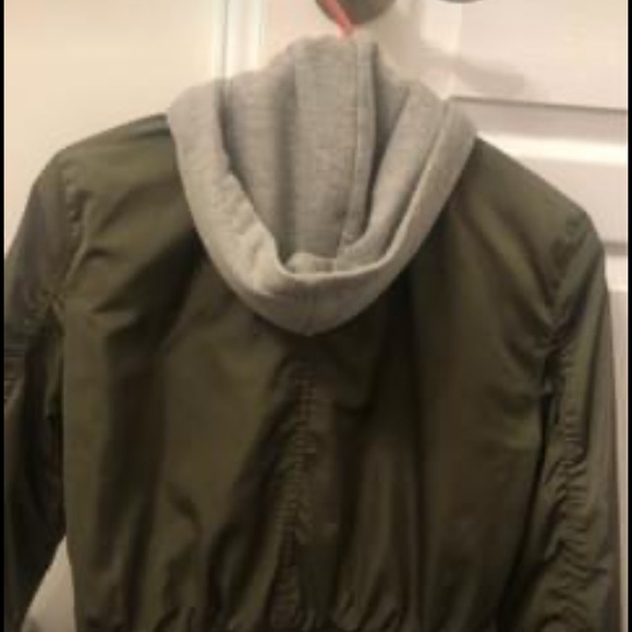 Army green bomber with grey hoodie attached - Picture 2 of 3